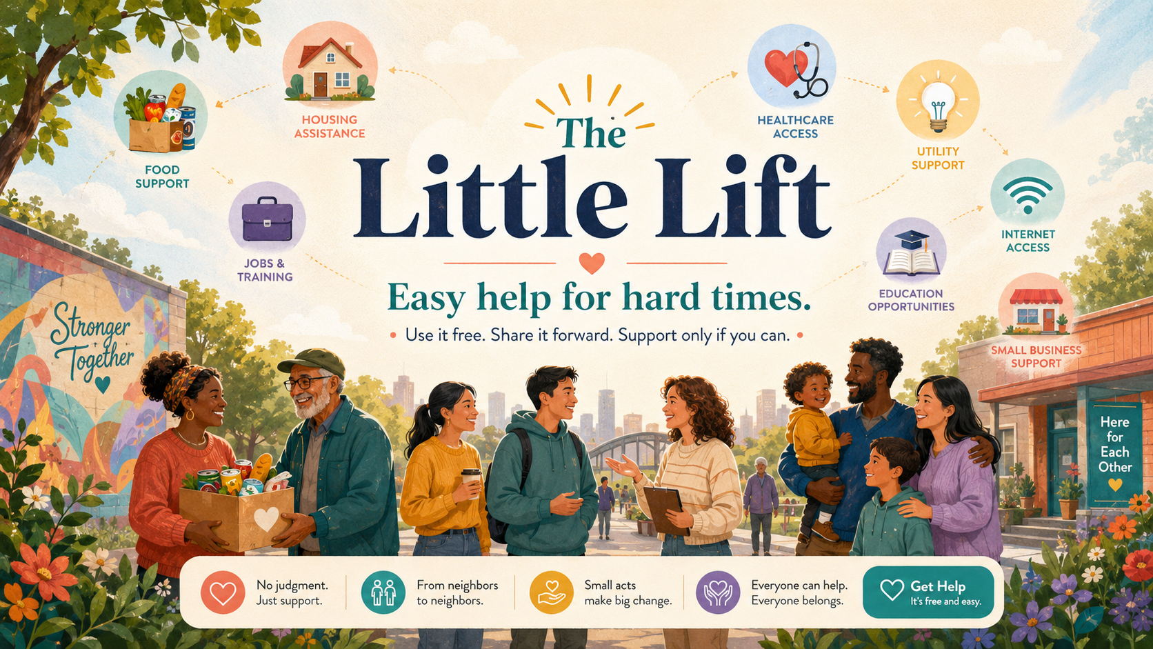 Warm community illustration for Little Lift American Navigator